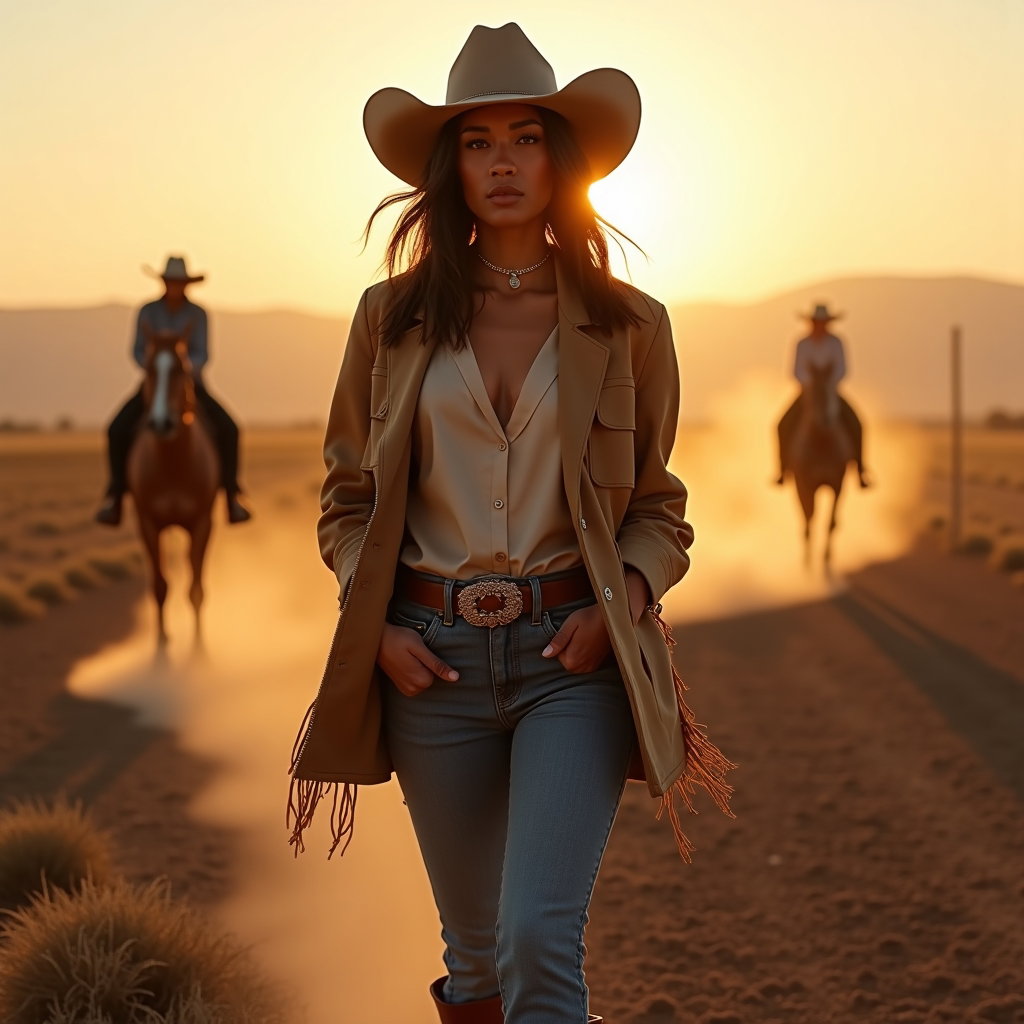 AI-generated photo: Photorealistic fashion photography, a bold western-style image framed from boots to hat on an open r...