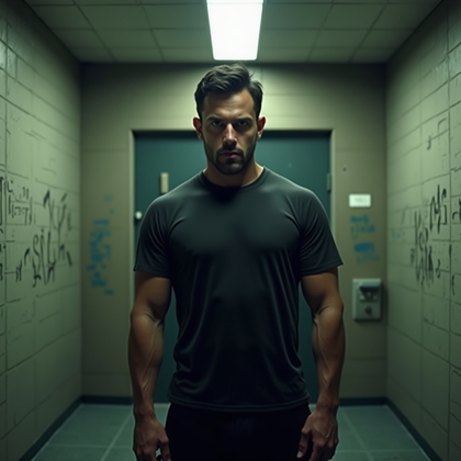 AI-generated photo: Photorealistic prison portrait photograph, the person stands in the middle of a “strip cell” style s...