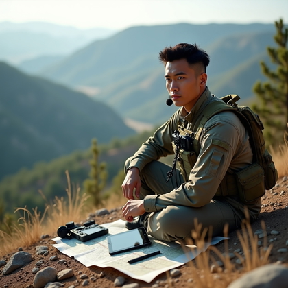 AI-generated photo: Photorealistic military field photography. On a rocky hillside overlooking a valley, a leader sits o...