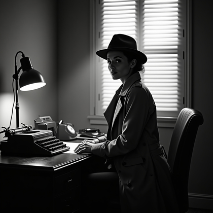 AI-generated photo: Low-key black-and-white detective’s office portrait, blinds half-closed as morning light cuts diagon...