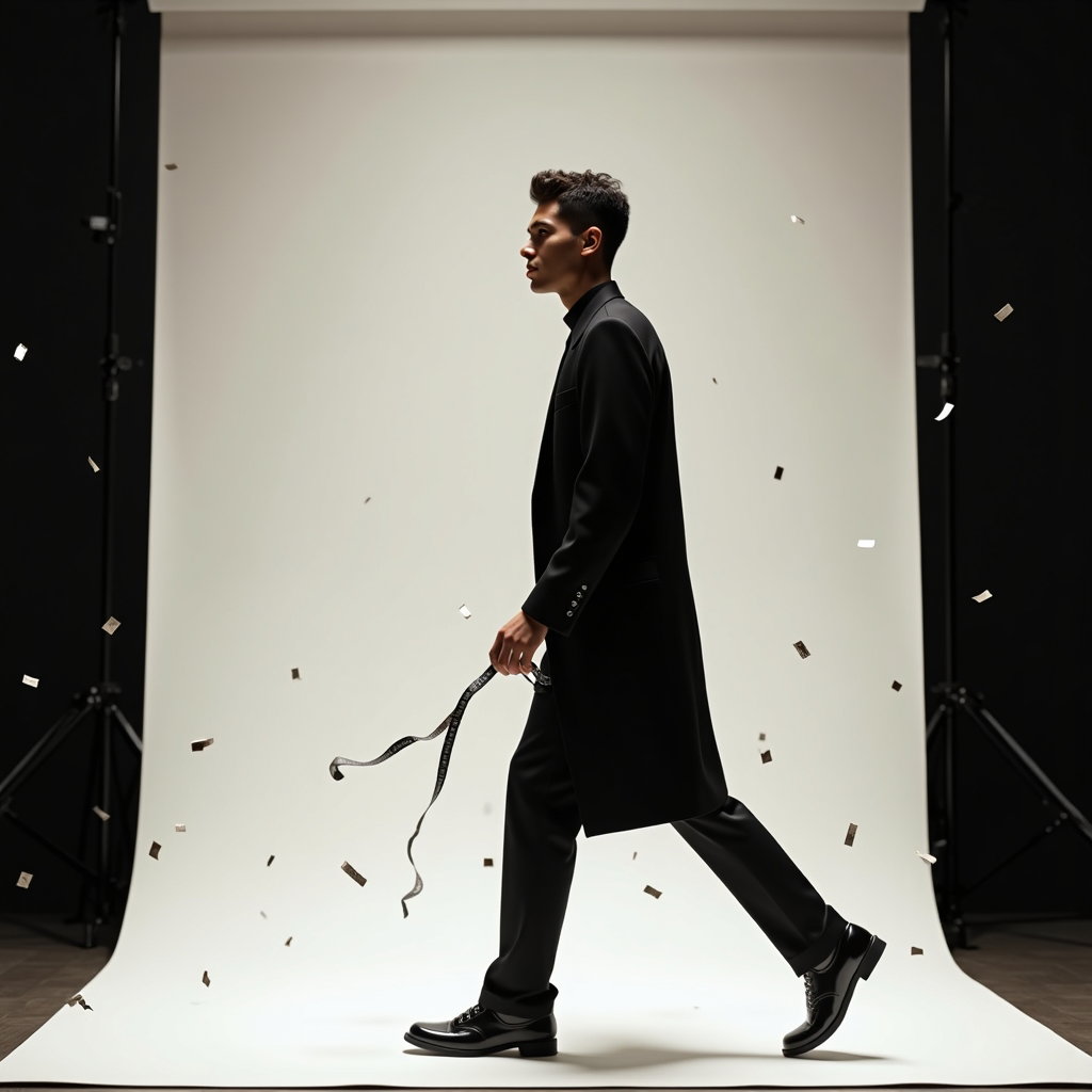 AI-generated photo: Photorealistic photography. Studio transformation reveal against a seamless backdrop that shifts fro...