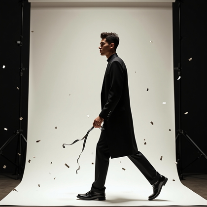 AI-generated photo: Photorealistic photography. Studio transformation reveal against a seamless backdrop that shifts fro...