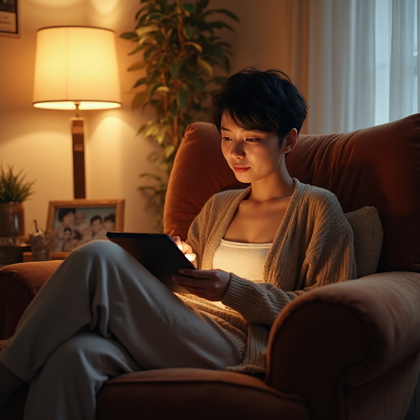 AI-generated photo: Cozy At-Home Vibes lifestyle photo featuring a woman seated comfortably on an oversized armchair, it...