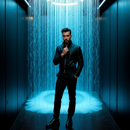 Photobooth portrait photo: cinematic “rain room” with a controlled water curtain falling behind a dry foreground platform, glossy black floor catching clean reflections, and a transparent splash guard outside frame to keep the subject pristine; dramatic backlight turns droplets into sparkling bokeh while a soft key illuminates the face with luminous precision. The subject stands centered with a sleek, rain-ready wardrobe, one hand adjusting a collar as if stepping in from the storm, eyes locked to camera with a smoldering look. Subtle cool-blue gels tint the background while the foreground retains neutral tones to keep skin and facial detail natural. The composition is tight mid-frame, ensuring the face remains dominant while the rain texture adds sensual atmosphere.