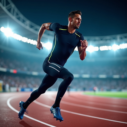 AI-generated photo: Photorealistic fashion sports photography of a sprinter mid-stride in a night-time stadium setting, ...