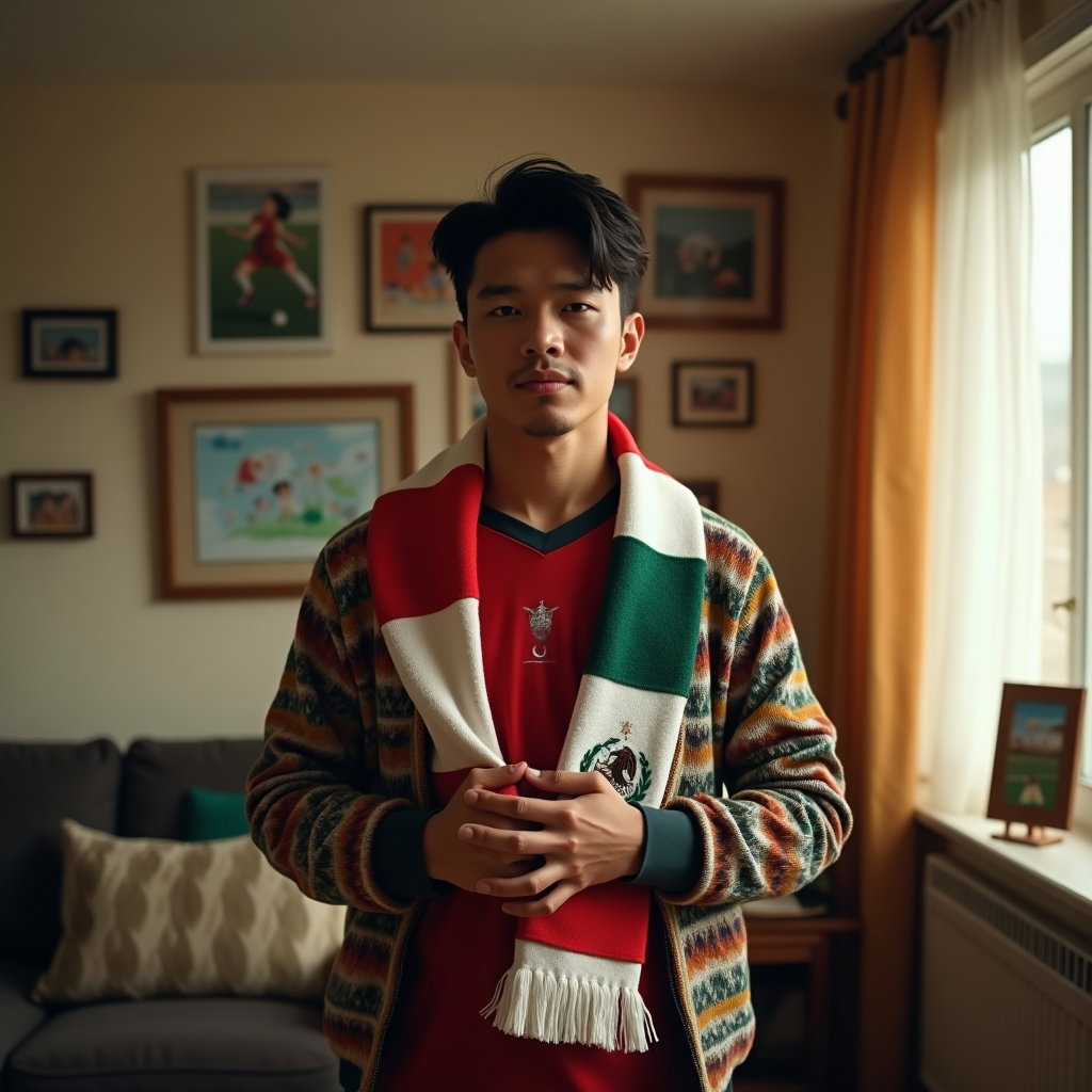 Heritage and Diaspora World Cup Fan Portraits example: Photorealistic half-body portrait photography. A single fan stands in a cozy diaspora living room, holding a folded nati