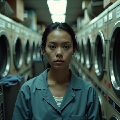 AI-generated photo: Photorealistic prison photography close-up, the subject is captured inside a cluttered prison laundr...