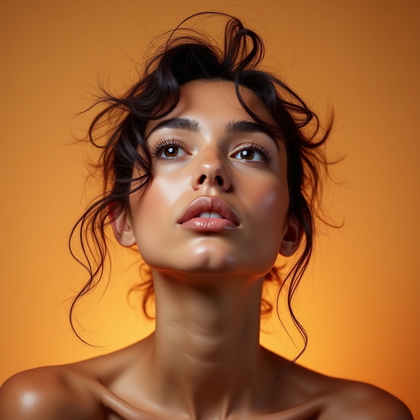 AI-generated photo: Photorealistic beauty portrait photography, three-quarter view close-up framed from the collarbone u...