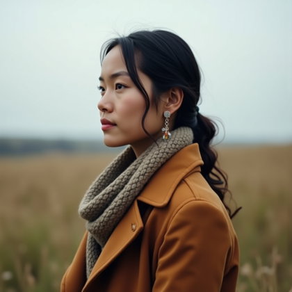 Windblown Meadow Poet Portrait With a Long Coat example: Photorealistic portrait photography. Profile/avatar crop from the shoulders up in a meadow, long coat collar and texture