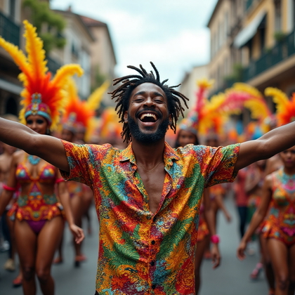 AI-generated photo: Travel Backdrop Portrait featuring a man in a vibrant Brazilian carnival setting. He is dressed in a...