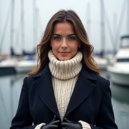 Off-Season Riviera Portraits With Cozy Coastal Style example: Photorealistic fashion portrait photography. Close-up Riviera marina portrait with the face clearly visible, direct conf