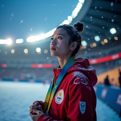 AI-generated photo: Photorealistic sports portrait photography. Athlete stands just off to the side of a snow-covered st...