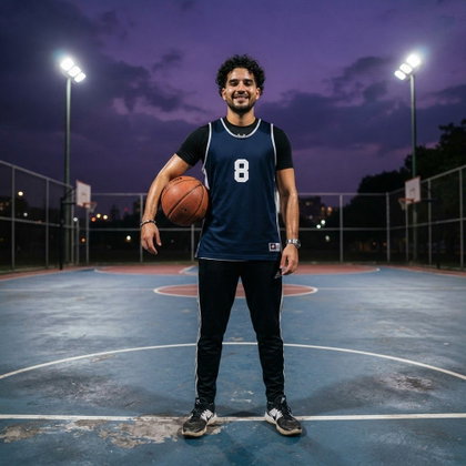 A single subject stands at the center of an empty outdoor basketball court, holding a basketball beneath one arm. A layered jersey, track pants, and sneakers bring a practical athletic feel. Evening floodlights illuminate the painted court against a deep violet sky; low-angle three-quarter portrait, energetic sports photography.