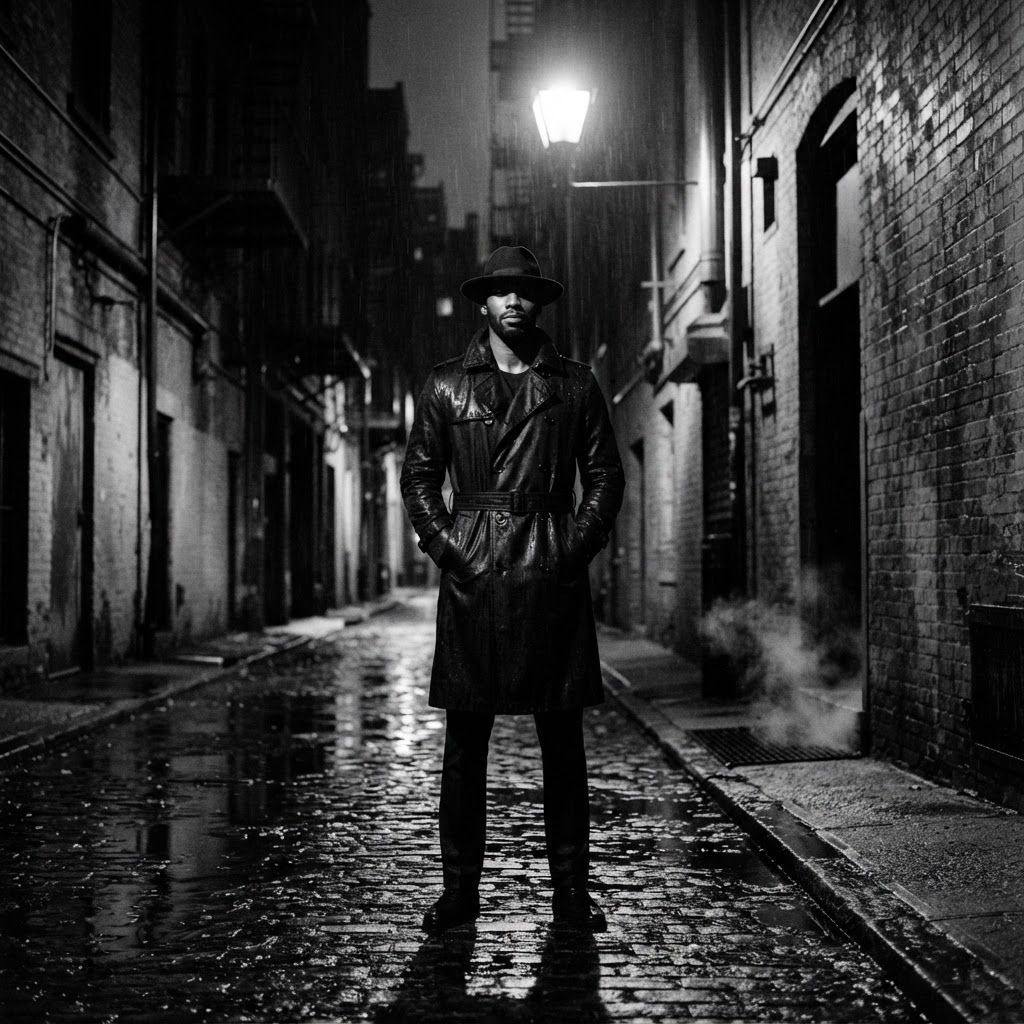 Rainy Alley Stakeout: Full-body photorealistic noir portrait of one lone figure standing directly beneath a single streetlamp in a narrow rain-soaked alley, hands…