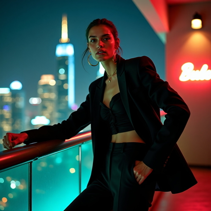 AI-generated photo: Photorealistic fashion nightlife photography on a rooftop lounge with a glittering skyline, the subj...