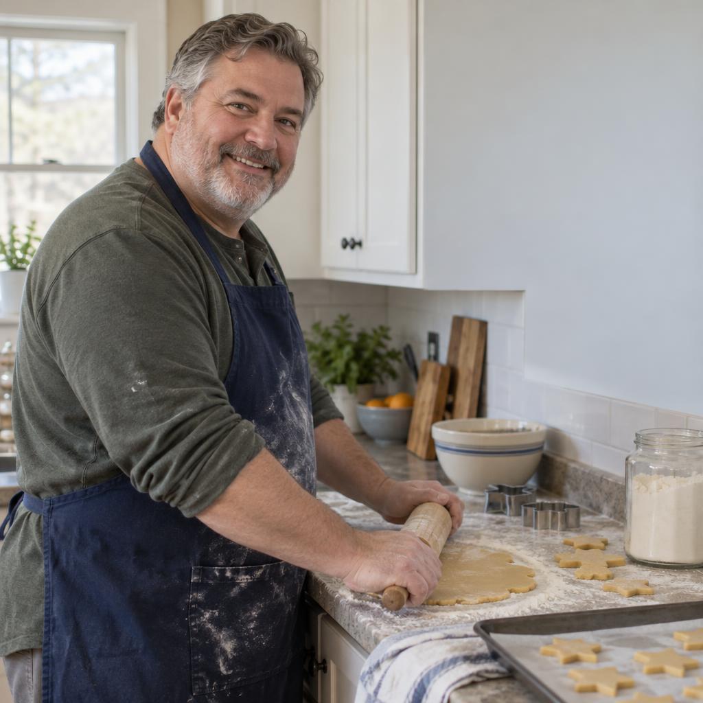 Candid Holiday Baking Moment: Candid three-quarter view beside a kitchen window: one person pauses mid-roll over a sheet of cookie dough, smiling at someone just behind…