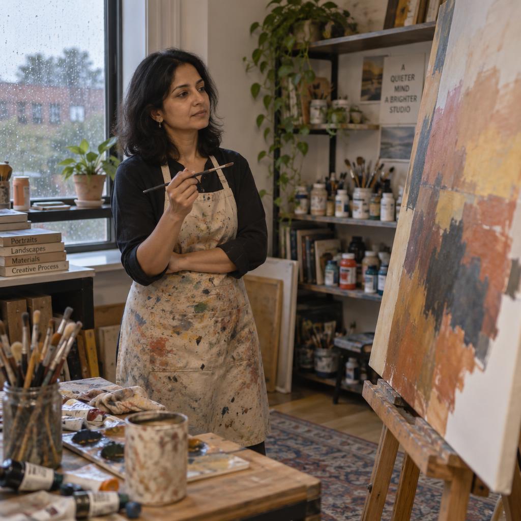 Creative Practice In A Working Studio: Eye-level candid photo of one person taking a short step back from an easel, brush still raised, studying a canvas with unfinished blocks of…