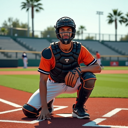 AI-generated photo: Photorealistic sports photography on a bright spring-training field, with bleacher rows and palm top...