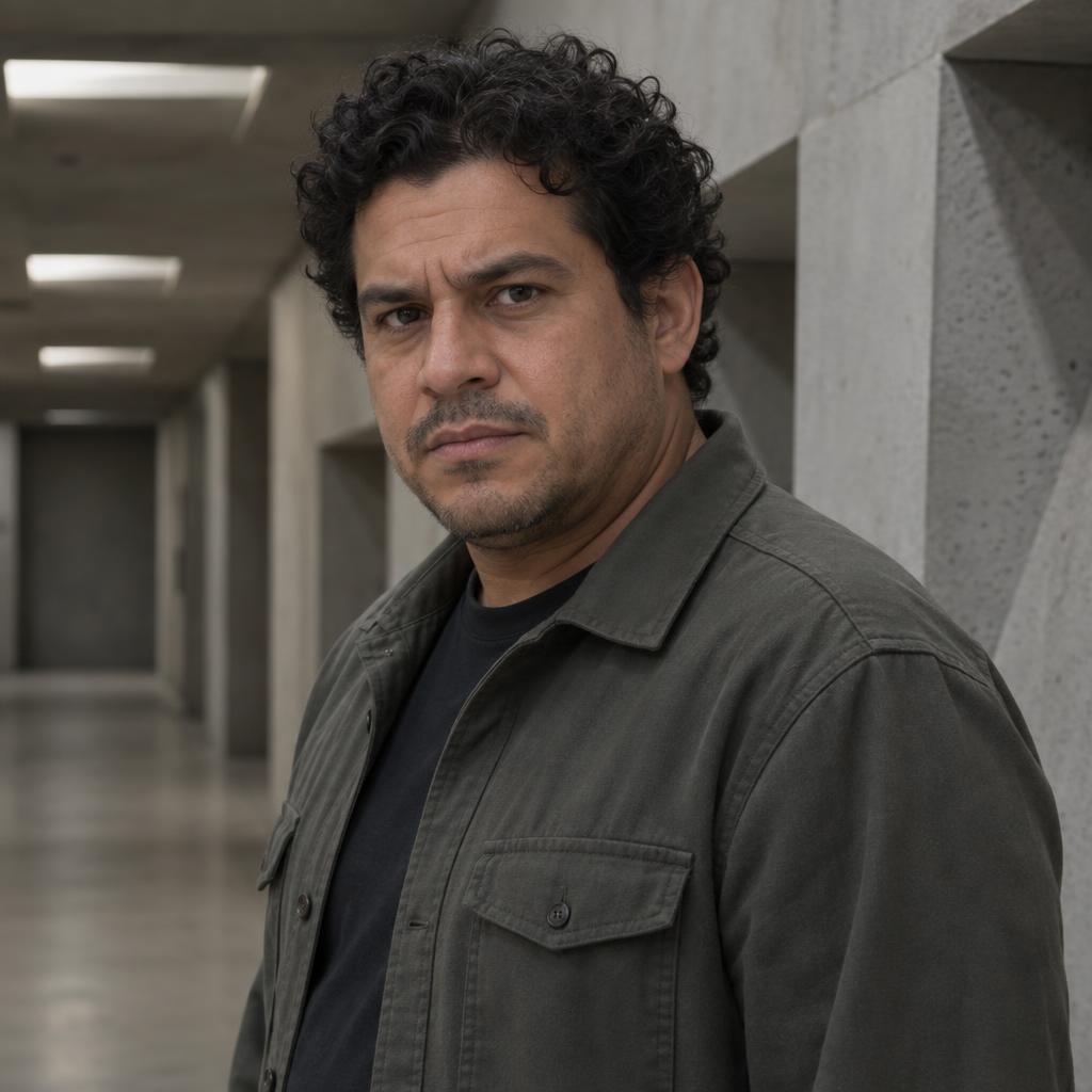 Speculative-Fiction Character: Photorealistic acting headshot in a concrete corridor with sharply angled wall recesses.