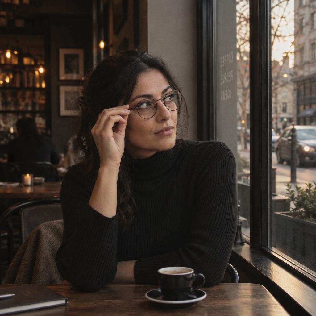 Coffee-Shop Film-Grain Portrait: Slightly off-center, waist-up portrait of one person seated by a tall café window, wearing round glasses and a black ribbed turtleneck.
