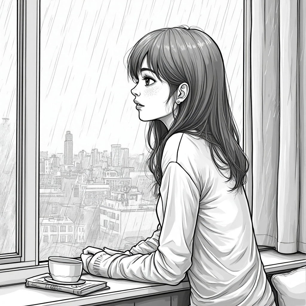 AI-generated photo: **Line Art Illustration.** Capture a young woman perched on a windowsill, gazing out at a rainy city...