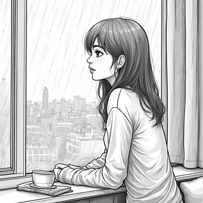 AI-generated photo: **Line Art Illustration.** Capture a young woman perched on a windowsill, gazing out at a rainy city...