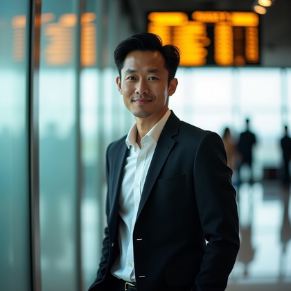 Professional headshot in an executive airport lounge beside a frosted glass partition with an abstract departure board glowing far behind in tasteful bokeh, composed mid-torso in portrait orientation with the subject leaning in slightly toward camera for engagement, dressed in a tailored jacket and understated accessories. Lighting is a naturalistic mix of overhead diffused ambient and a soft directional key feathered from camera-left to bring clarity to the face, with a black flag on camera-right to add contour and authority. Expression is approachable yet decisive, with direct eye contact and relaxed shoulders for a polished, travel-ready corporate look.