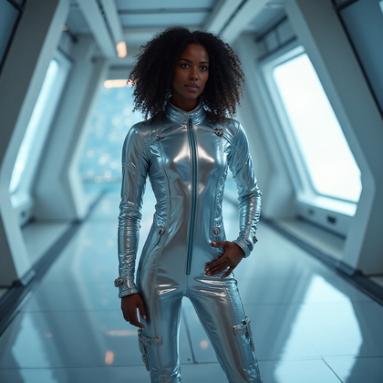 AI-generated photo: Cosplay photo capturing a character dressed as a futuristic space explorer, wearing a high-tech, for...