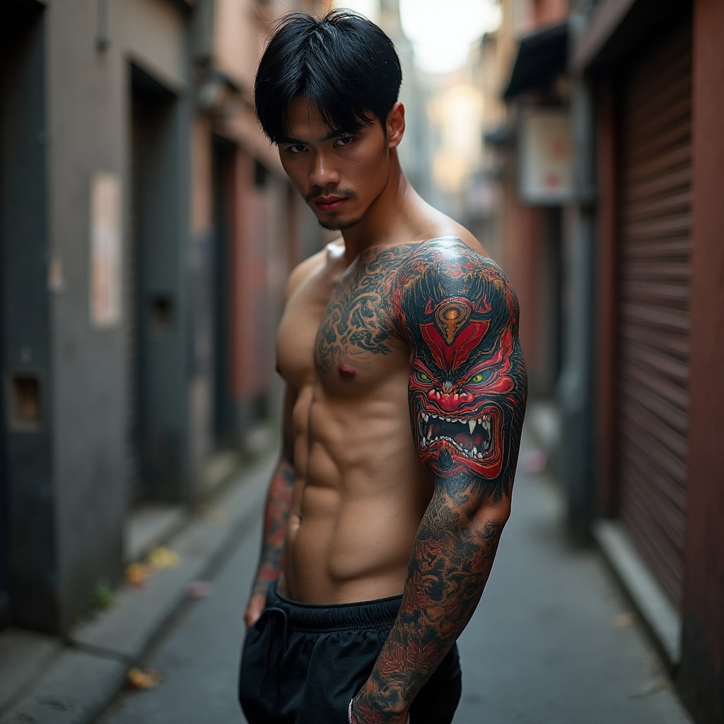 AI-generated photo: Photorealistic photography of a man with a striking Japanese Oni mask tattoo on his left calf. The d...