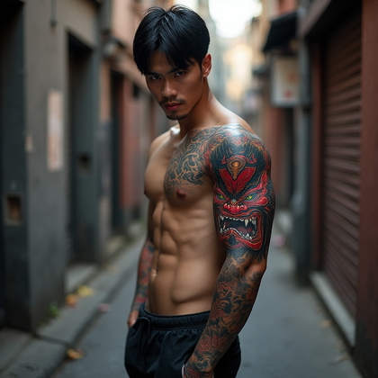 AI-generated photo: Photorealistic photography of a man with a striking Japanese Oni mask tattoo on his left calf. The d...