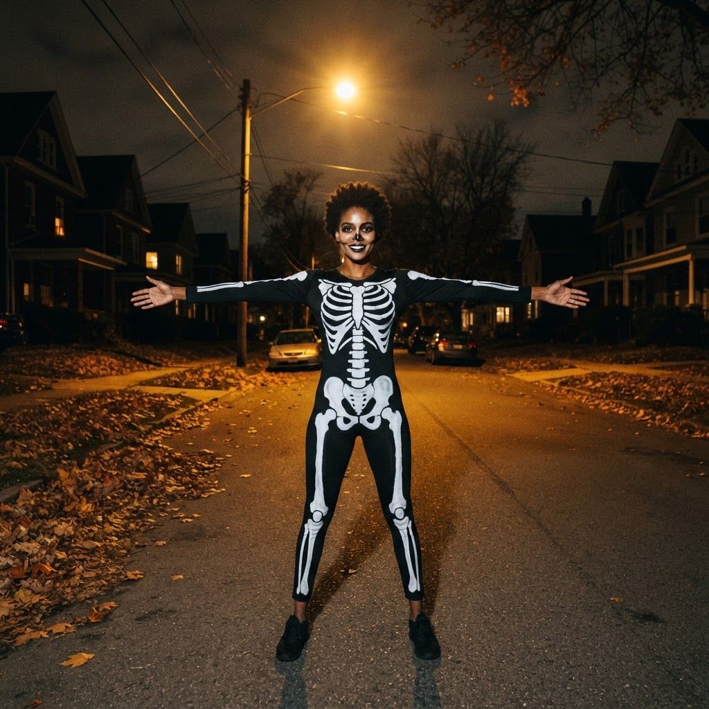 Skeleton Under a Streetlight: Wide nighttime costume photo on an empty residential street.