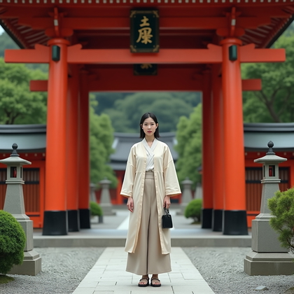 AI-generated photo: Photorealistic fashion portrait photography. A respectful portrait at the entrance of a Shinto shrin...