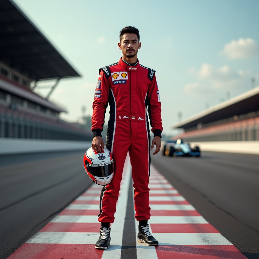 Post-Session Helmet-in-Hand Portrait example: Photorealistic motorsport portrait photography. Full-body portrait on an empty starting grid with the driver standing ce
