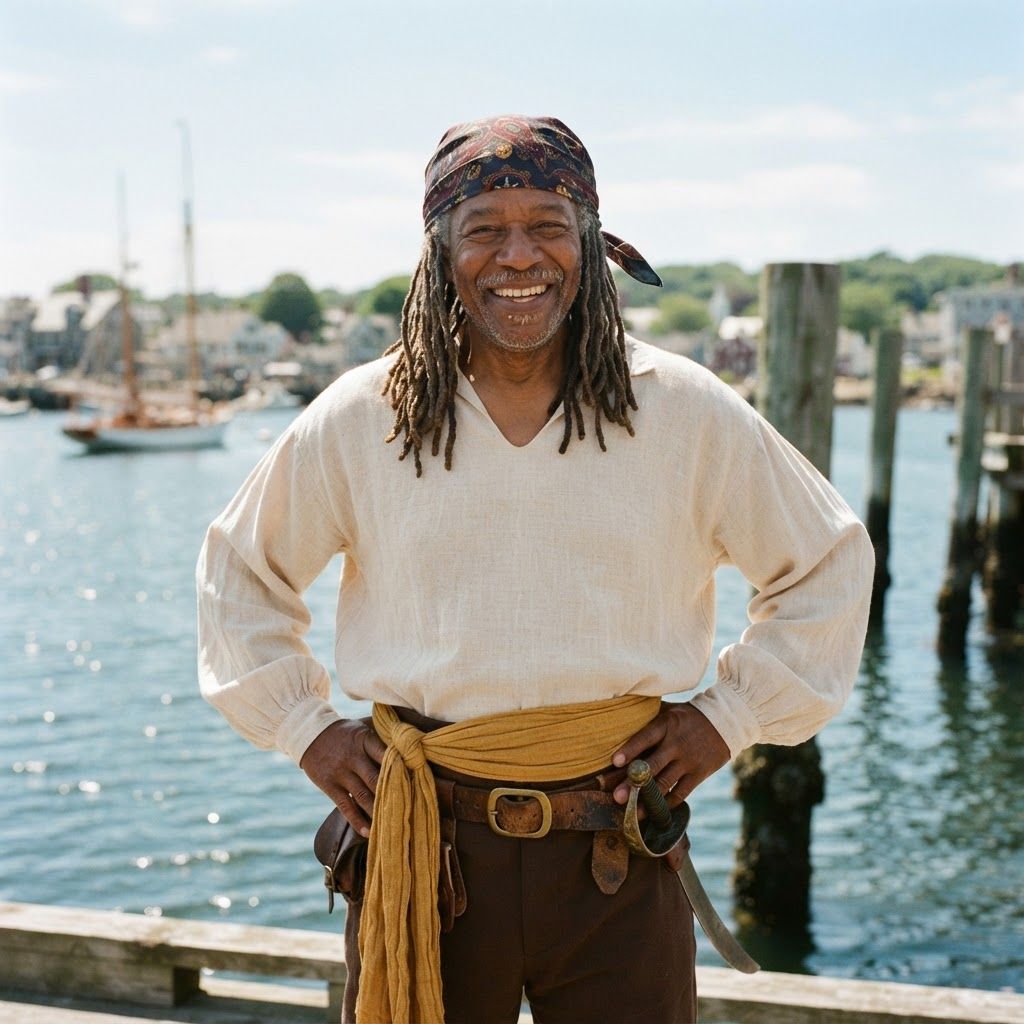 Sunlit Pirate at the Harbor: Sunlit waist-up portrait on a quiet harbor landing, with old pilings and open water behind.