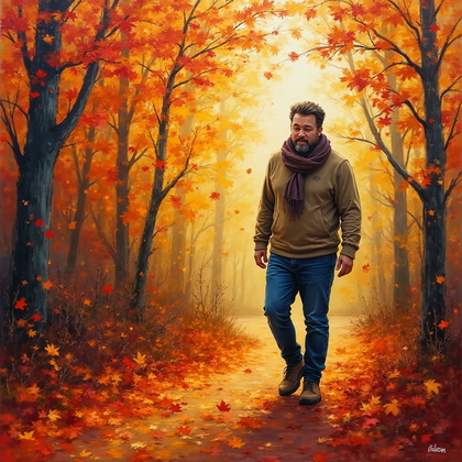 AI-generated photo: **Expressionist painting.** A mesmerizing scene of a man walking through a vibrant autumn forest, su...