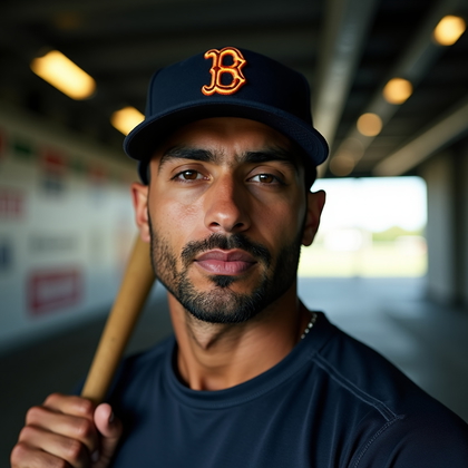 AI-generated photo: Photorealistic sports portrait photo in the stadium tunnel, cap brim lowered for drama yet the face ...