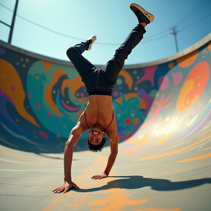 AI-generated photo: Photorealistic lifestyle photography of a street dancer hitting a one-arm handstand freeze in a sunk...
