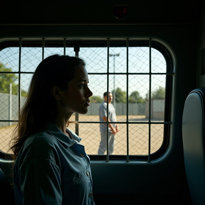 AI-generated photo: Photorealistic prison photography. The scene is shot from inside a prison transport van, looking out...