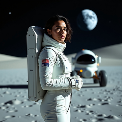 AI-generated photo: Professional hero portrait photography, a full upper-body founder shot staged on a moon base landing...