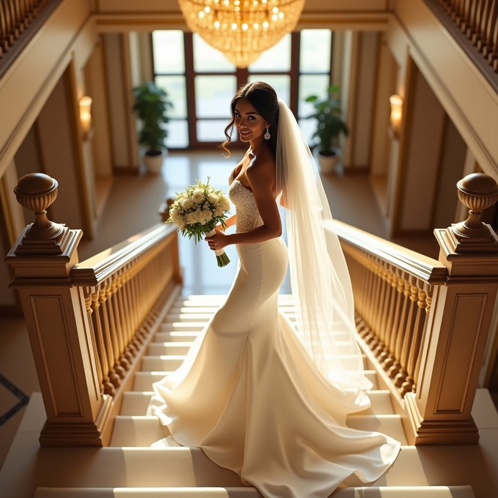 AI-generated photo: Photorealistic wedding photography. Descending a luxury hotel’s split grand staircase, the subject t...