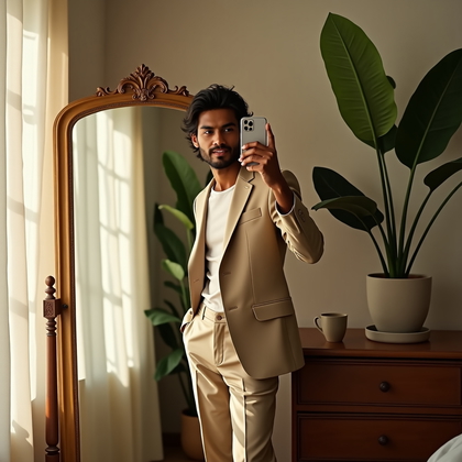 AI-generated photo: Photorealistic lifestyle mirror selfie photo in a sunlit bedroom with a full-length vintage mirror, ...