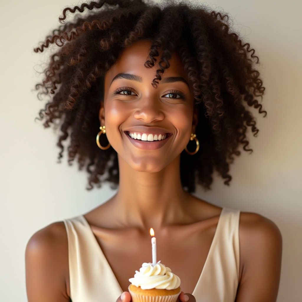 Minimal Studio Birthday Portraits With Clean Backgrounds example: Photorealistic studio portrait. Tight close-up birthday portrait against a seamless warm white background, with the face
