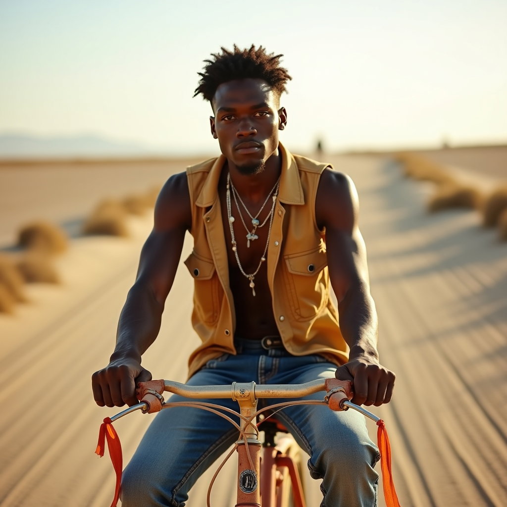 Dusty Desert Festival Look example: Photorealistic festival portrait photography. Half-body portrait of a solo subject seated sideways on a dusty cruiser bi