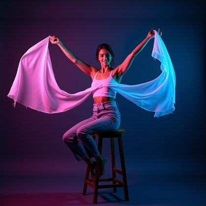 AI-generated photo: Photorealistic studio portrait photograph of a person in a seated half-body pose on a high stool, tw...