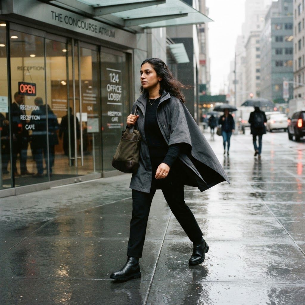 Rain-Swept Cape Commute: Editorial street photograph, full-length three-quarter view of one person striding past a glass office entrance on a rain-darkened city…