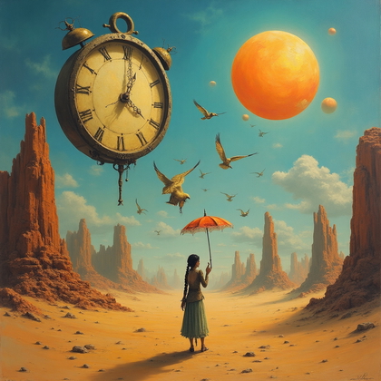 AI-generated photo: Surrealist fantasy oil painting. A vast desert landscape stretches infinitely, dotted with oversized...
