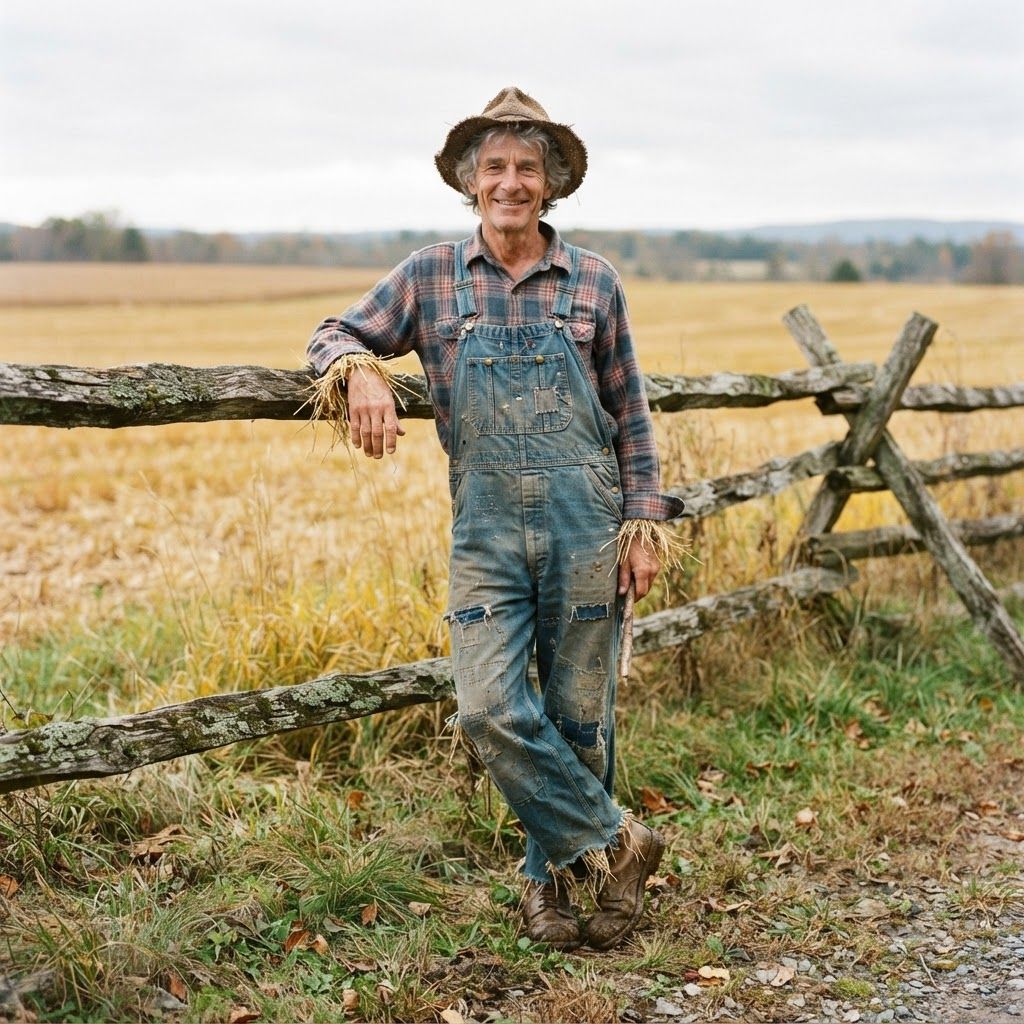 Patchwork Scarecrow in a Golden Field: Full-length portrait beside a weathered split-rail fence at the edge of a golden field.