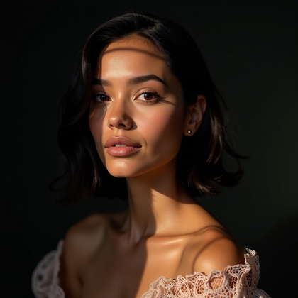 AI-generated photo: Photorealistic studio beauty portrait photo, extreme close-up with a crisp lace gobo casting delicat...