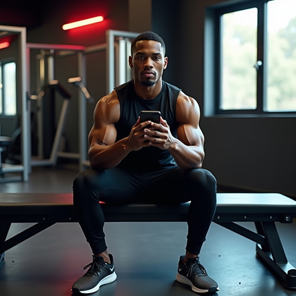 AI-generated photo: Photorealistic fitness lifestyle photography in a modern gym with matte black walls, chrome racks, a...