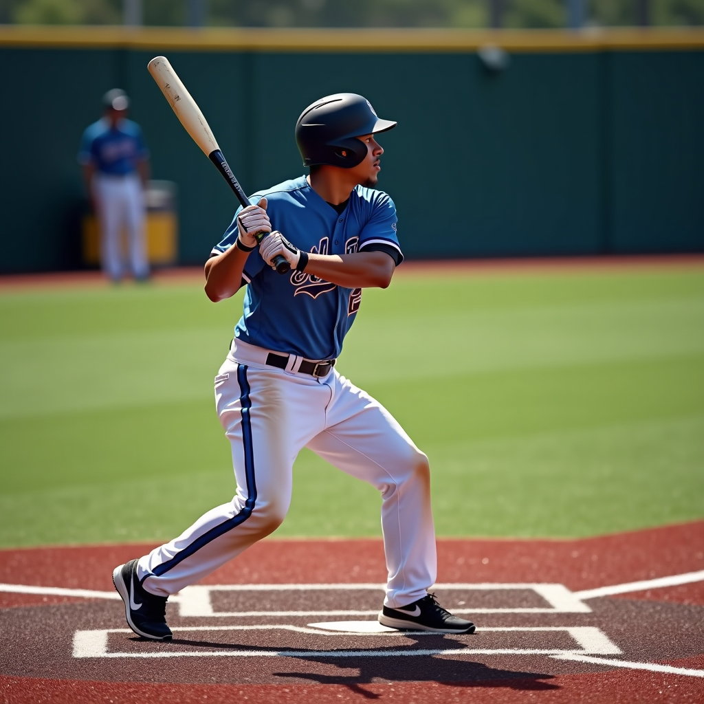 AI-generated photo: Photorealistic professional sports photography of a solo bunting rehearsal in the on-deck circle: ha...